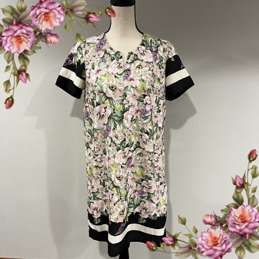 Short sleeve floral‎ and striped print loose fit midi dress